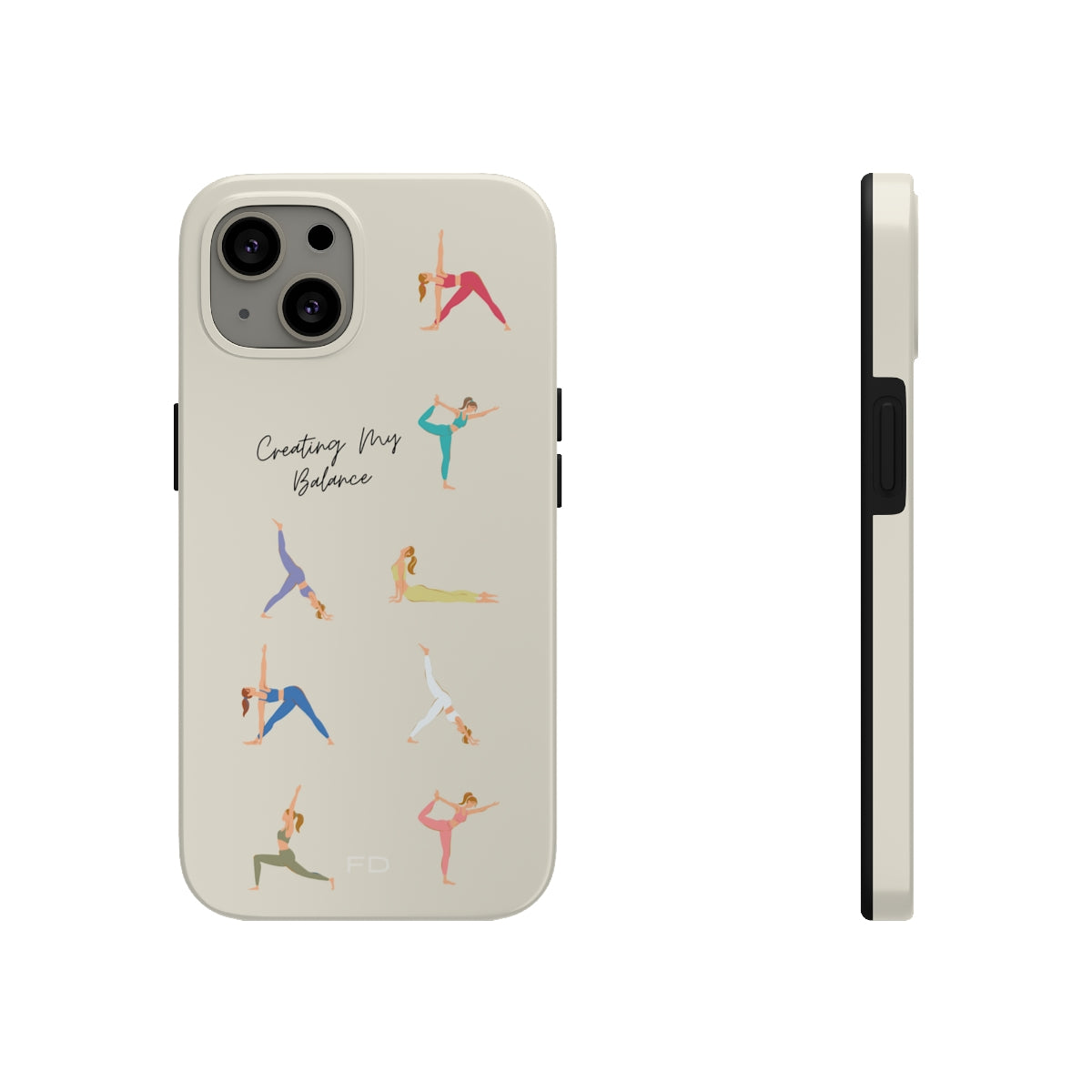 Yoga Poses Tough Case for iPhone, featuring a glossy finish and positive yoga-inspired design, providing impact resistance and wireless charging support.