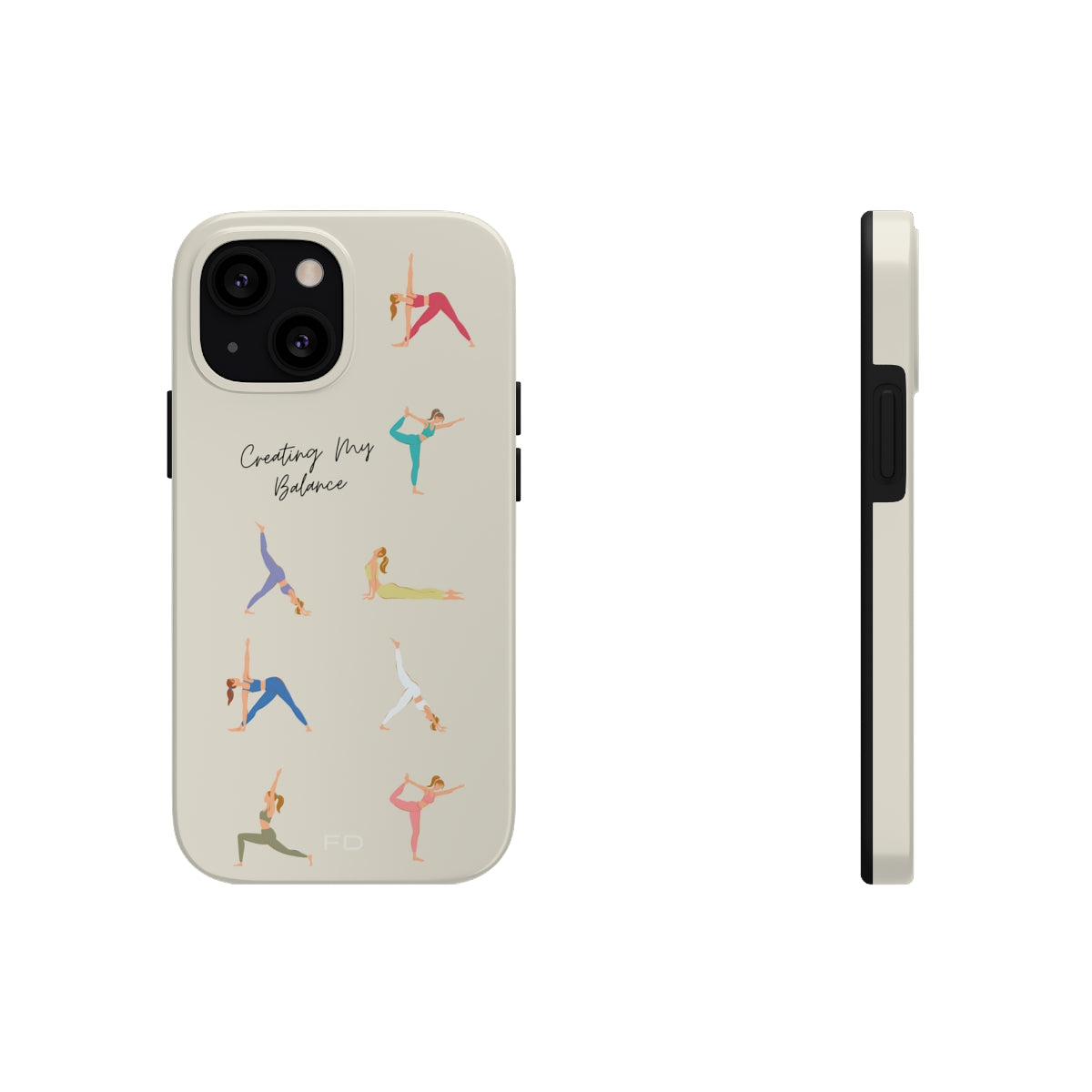 Yoga Poses Tough Case for iPhone, featuring a glossy finish and positive yoga-inspired design, providing impact resistance and wireless charging support.