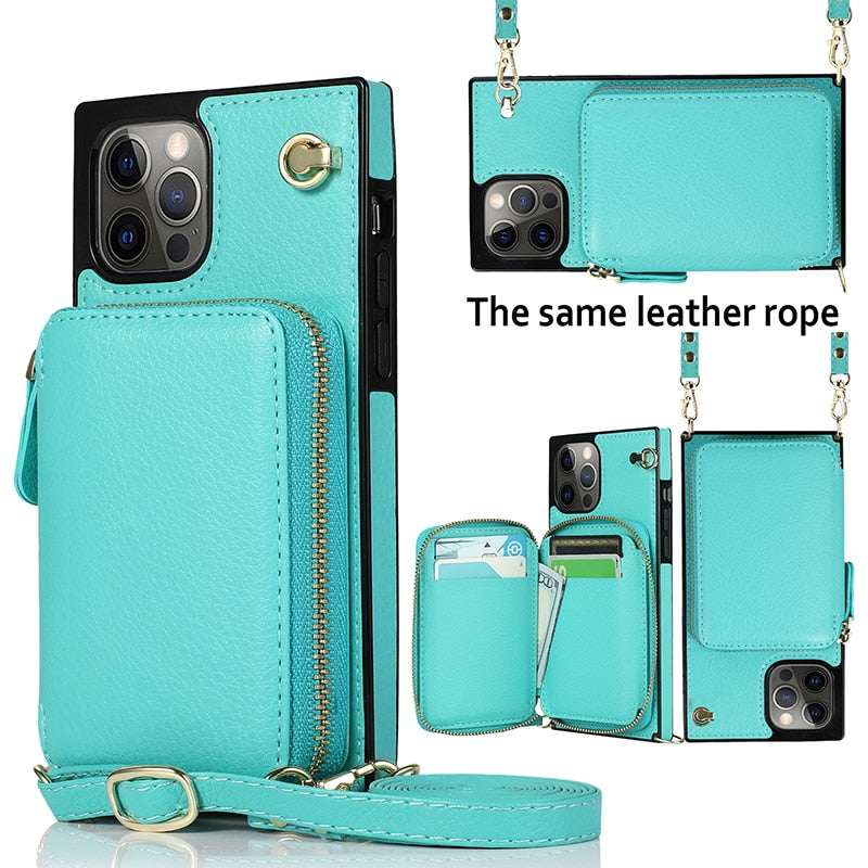 Zipper Wallet Case with Adjustable Crossbody Strap for iPhone in various colors, showcasing card slots and zipper pouch.