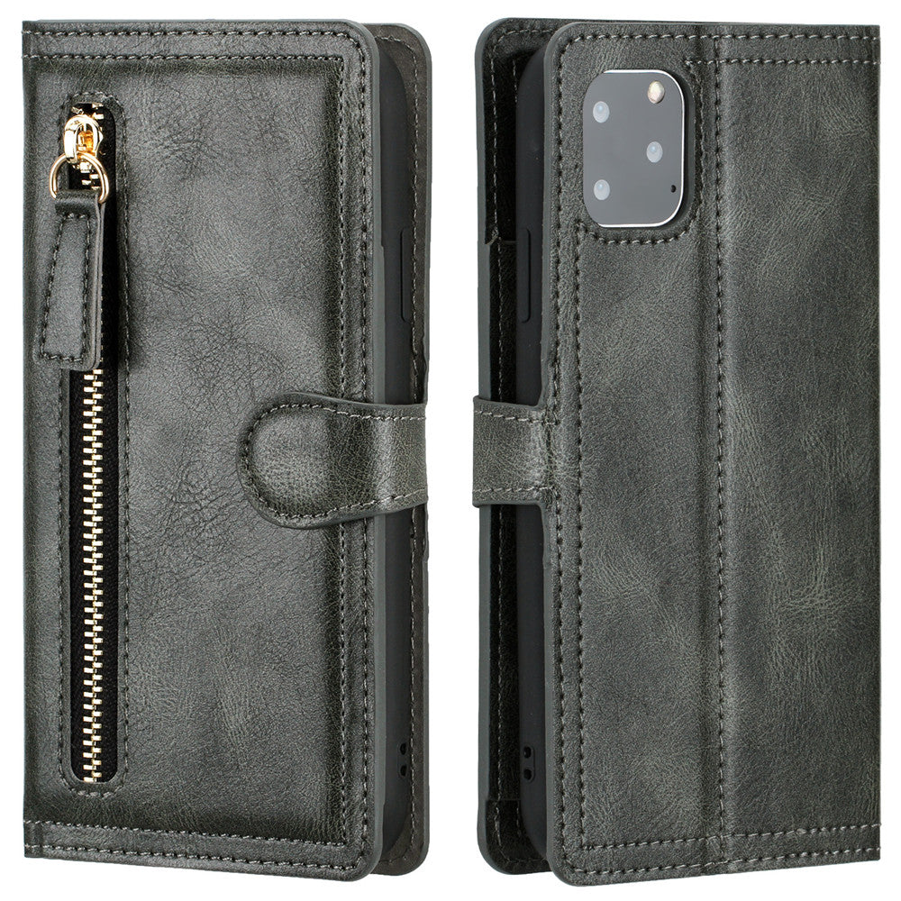Zipper Wallet Flip Case for iPhone in various colors, showcasing premium vegan leather and multiple storage compartments.