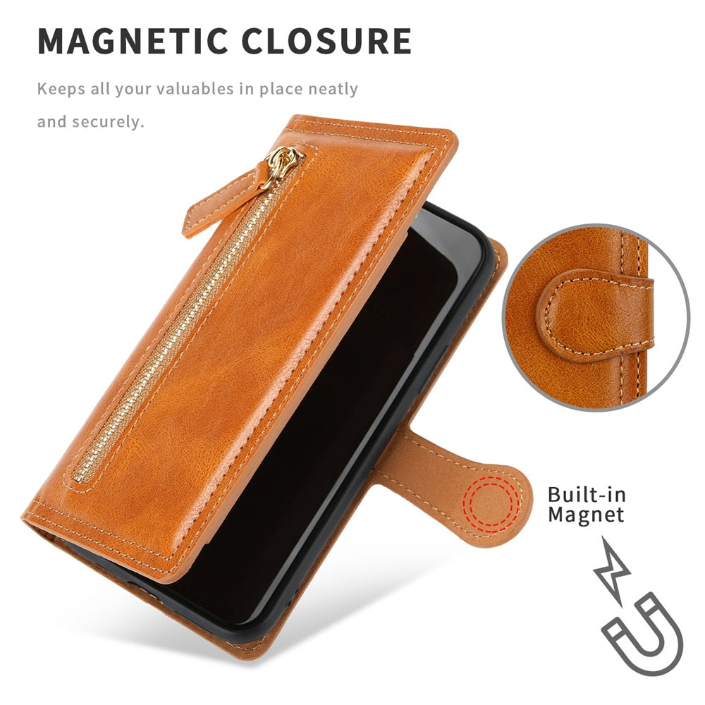 Zipper Wallet Flip Case for iPhone in various colors, showcasing premium vegan leather and multiple storage compartments.