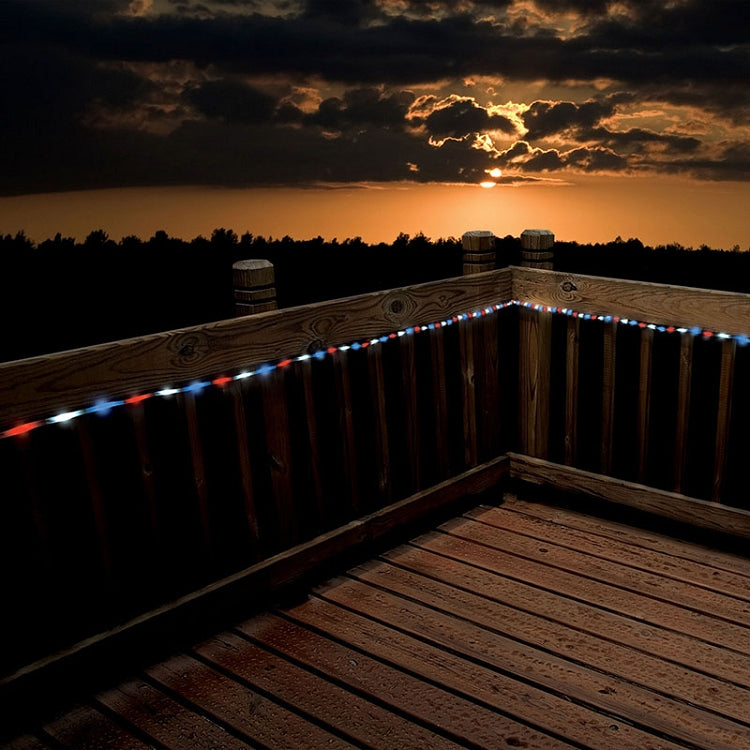 100 LED Solar Rope Light in Red, White & Blue, showcasing vibrant colors and flexible design for outdoor decoration.