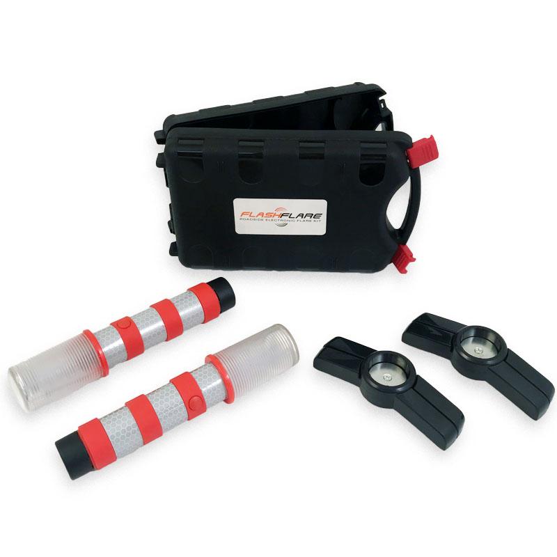 3-in-1 LED Roadside Flare kit with two flares and carrying case, showcasing their bright colors and magnetic bases.