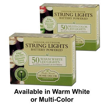 50 LED battery operated string lights glowing warmly, perfect for indoor and outdoor decoration.