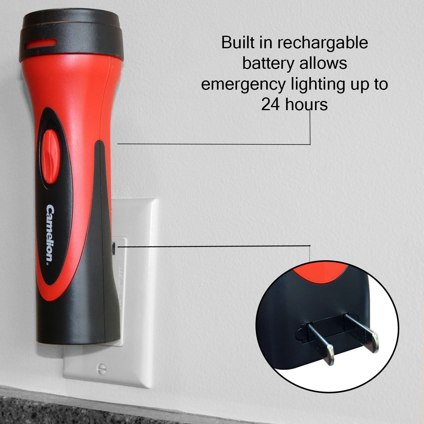 A 6 LED Rechargeable Plug-In Emergency Flashlight with a retractable plug, designed for household use and outdoor activities.