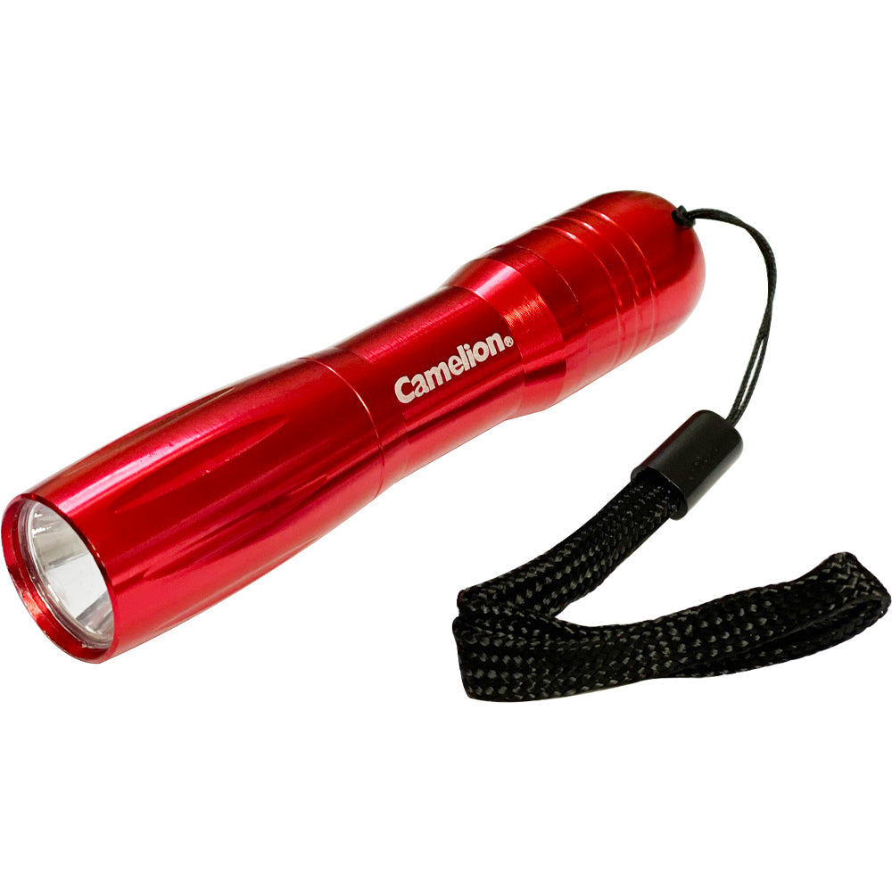 Camelion .5 Watt Pocket LED Flashlight with durable metal body and hand strap, ideal for emergencies and outdoor activities.