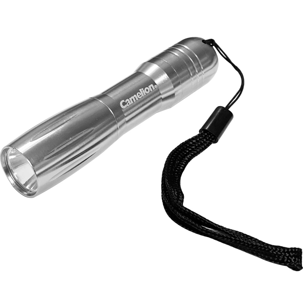 Camelion .5 Watt Pocket LED Flashlight with durable metal body and hand strap, ideal for emergencies and outdoor activities.