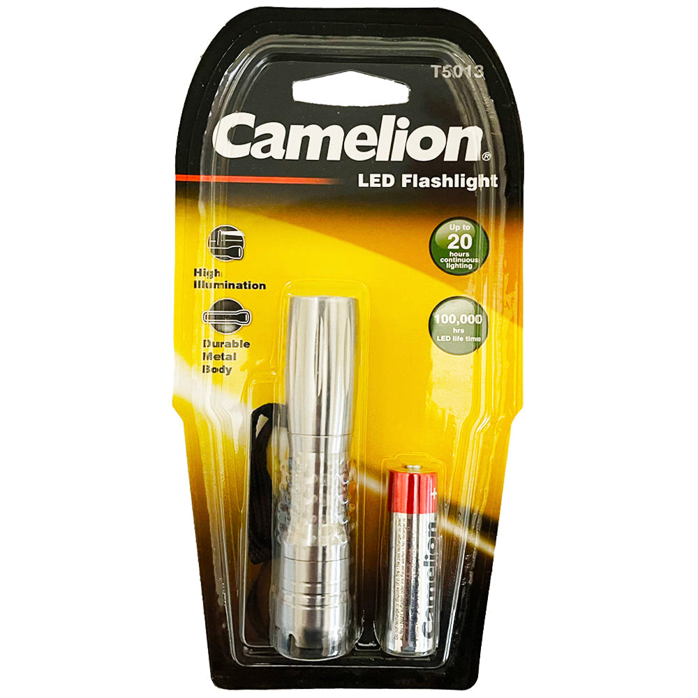 Camelion .5 Watt Pocket LED Flashlight with durable metal body and hand strap, ideal for emergencies and outdoor activities.