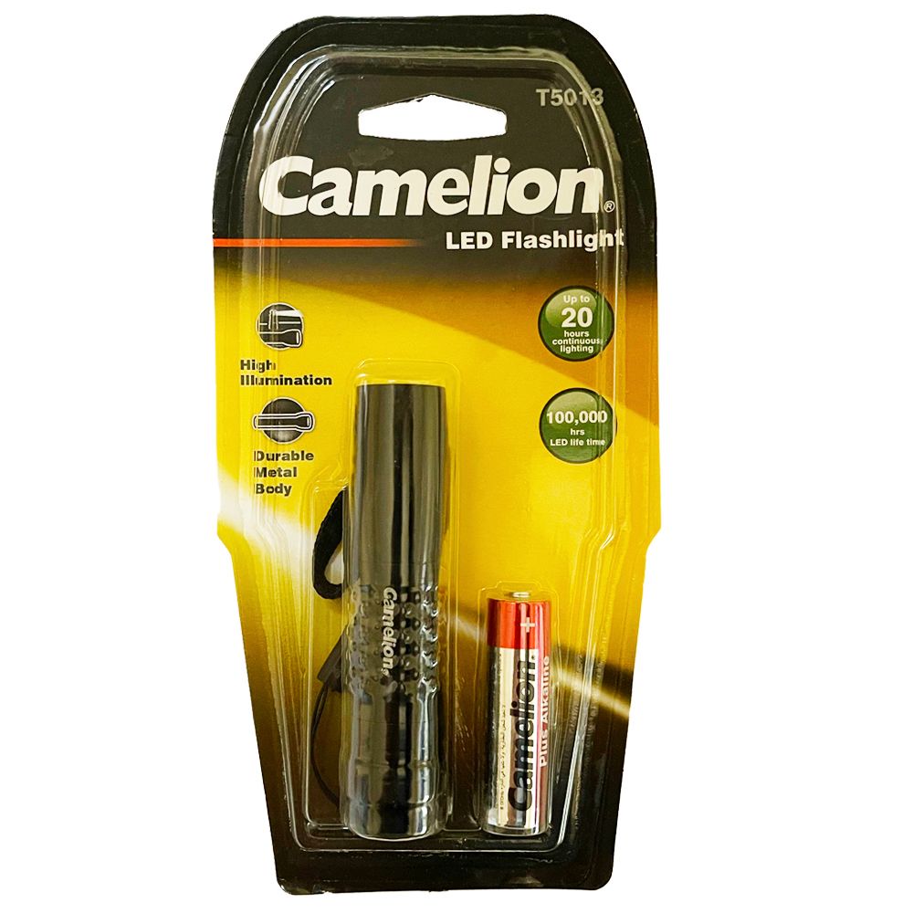 Camelion .5 Watt Pocket LED Flashlight with durable metal body and hand strap, ideal for emergencies and outdoor activities.