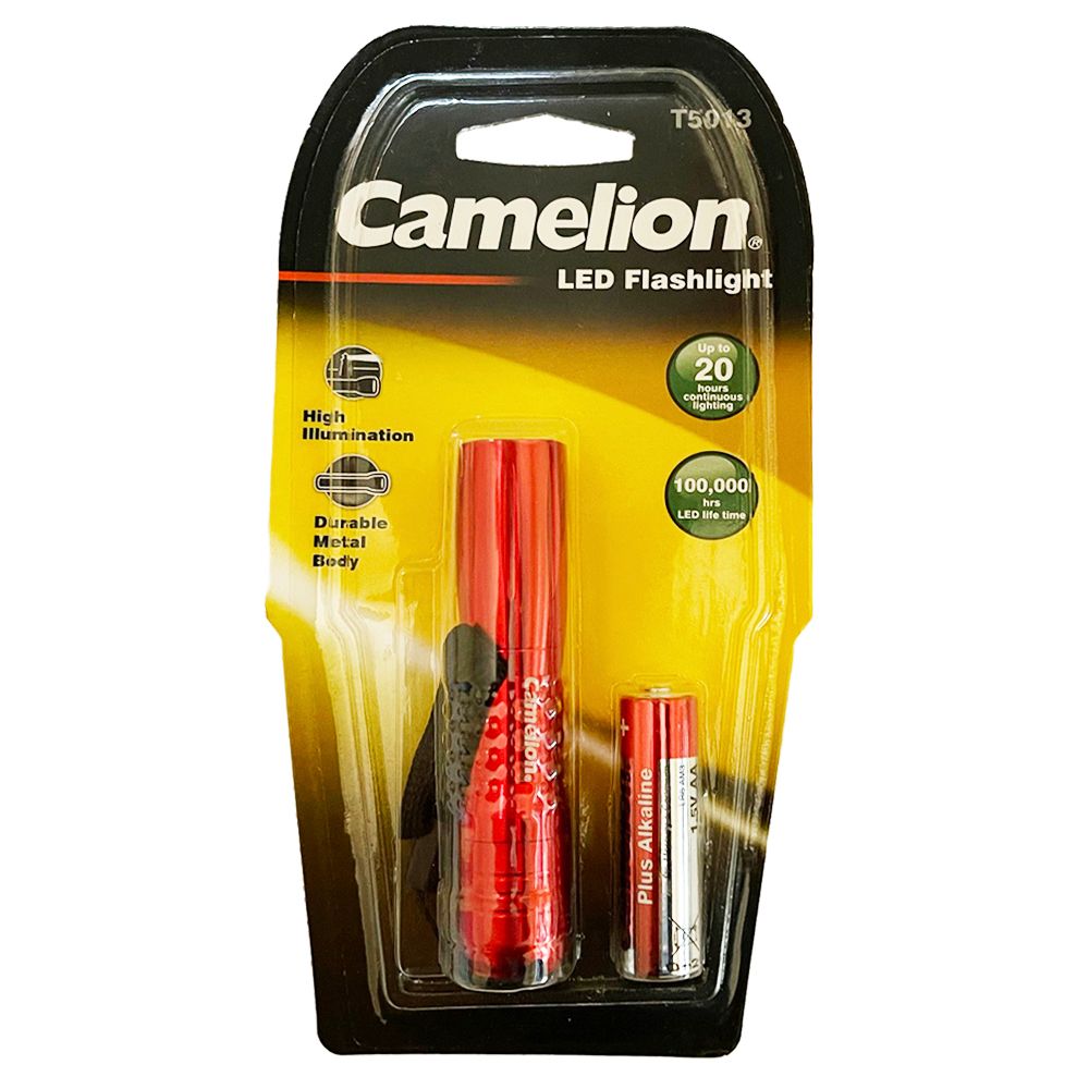 Camelion .5 Watt Pocket LED Flashlight with durable metal body and hand strap, ideal for emergencies and outdoor activities.