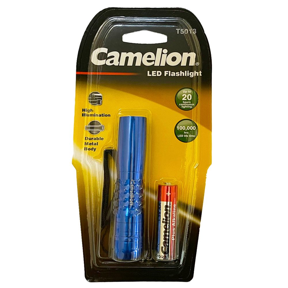 Camelion .5 Watt Pocket LED Flashlight with durable metal body and hand strap, ideal for emergencies and outdoor activities.