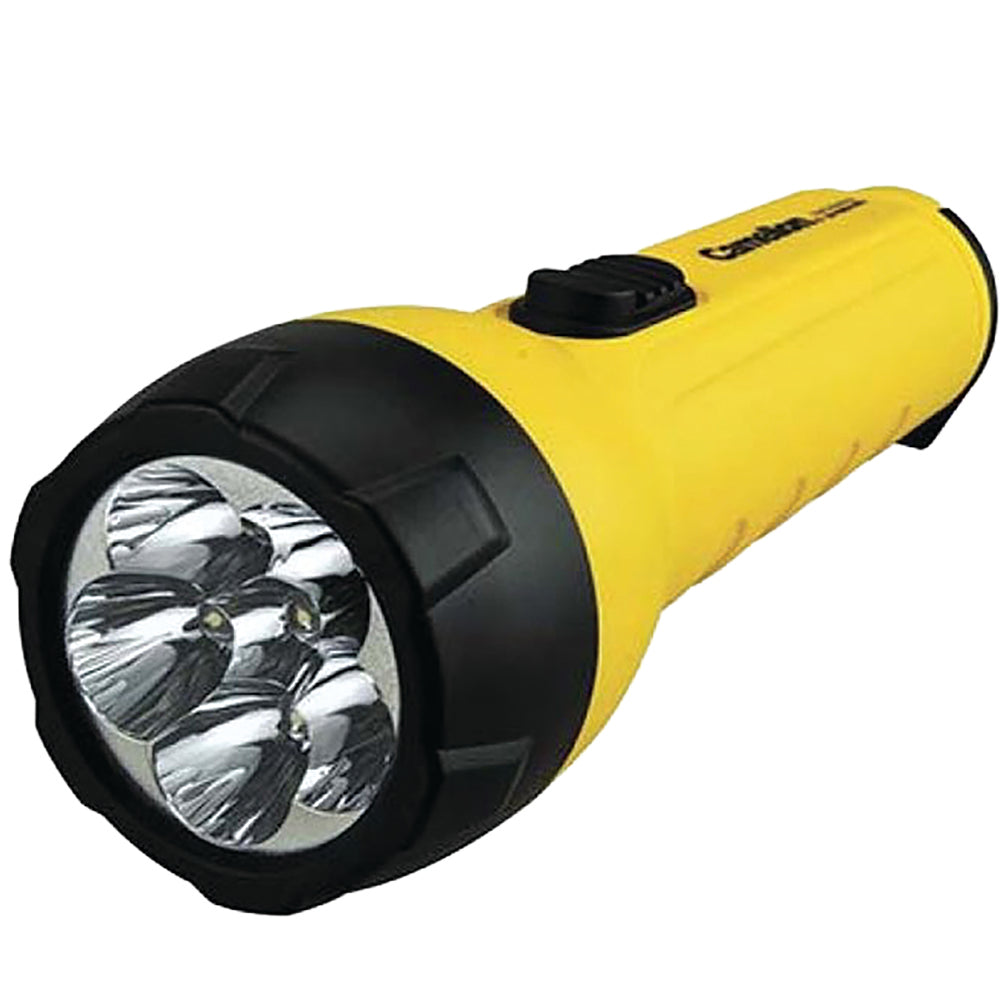 Camelion 6 LED SuperBright Flashlight in bright yellow with a durable design and folding ring.