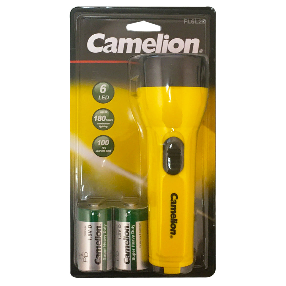 Camelion 6 LED SuperBright Flashlight in bright yellow with a durable design and folding ring.