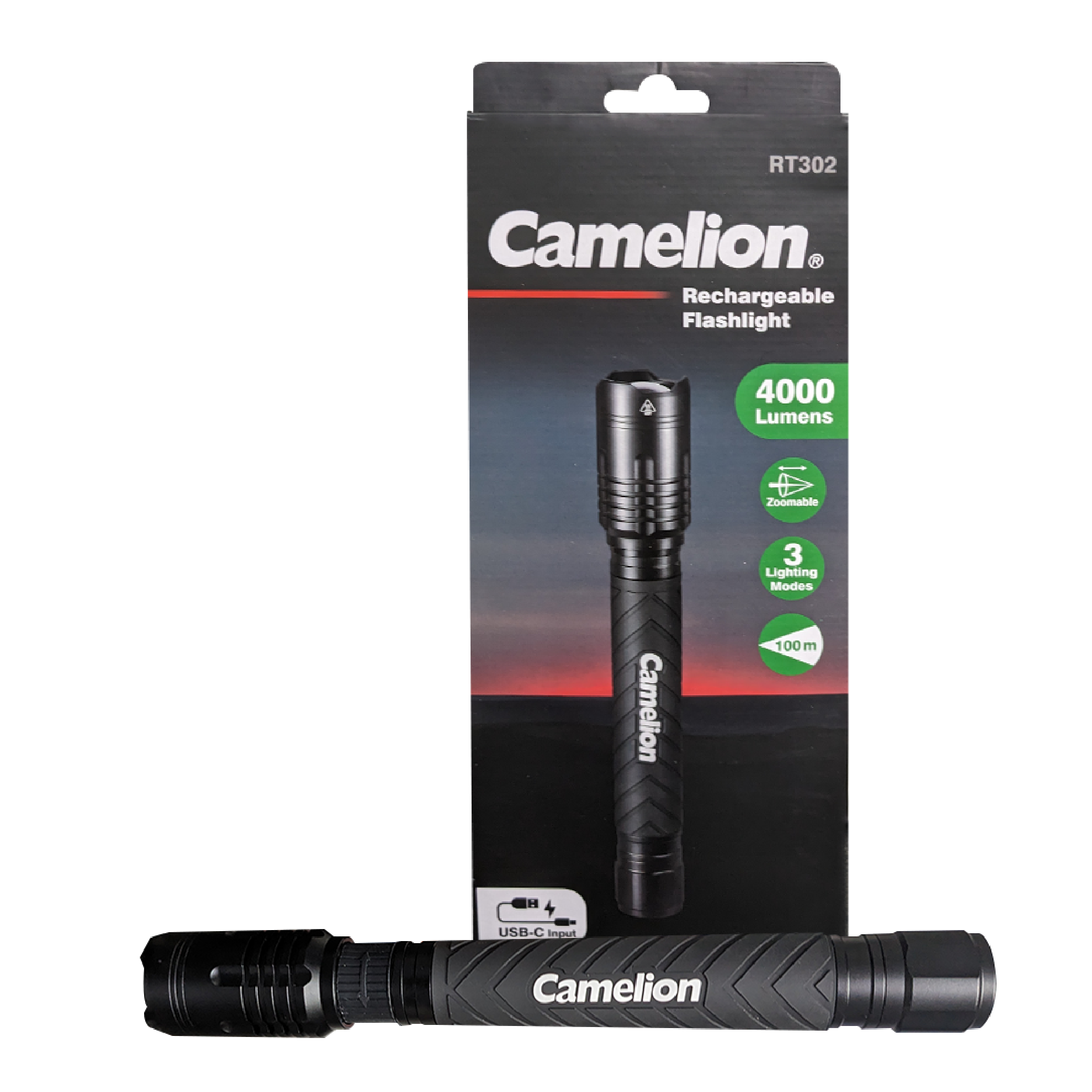 Camelion RT302 76W COB rechargeable flashlight with adjustable beam focus and anti-slip grip, showcasing its durable aluminum body.