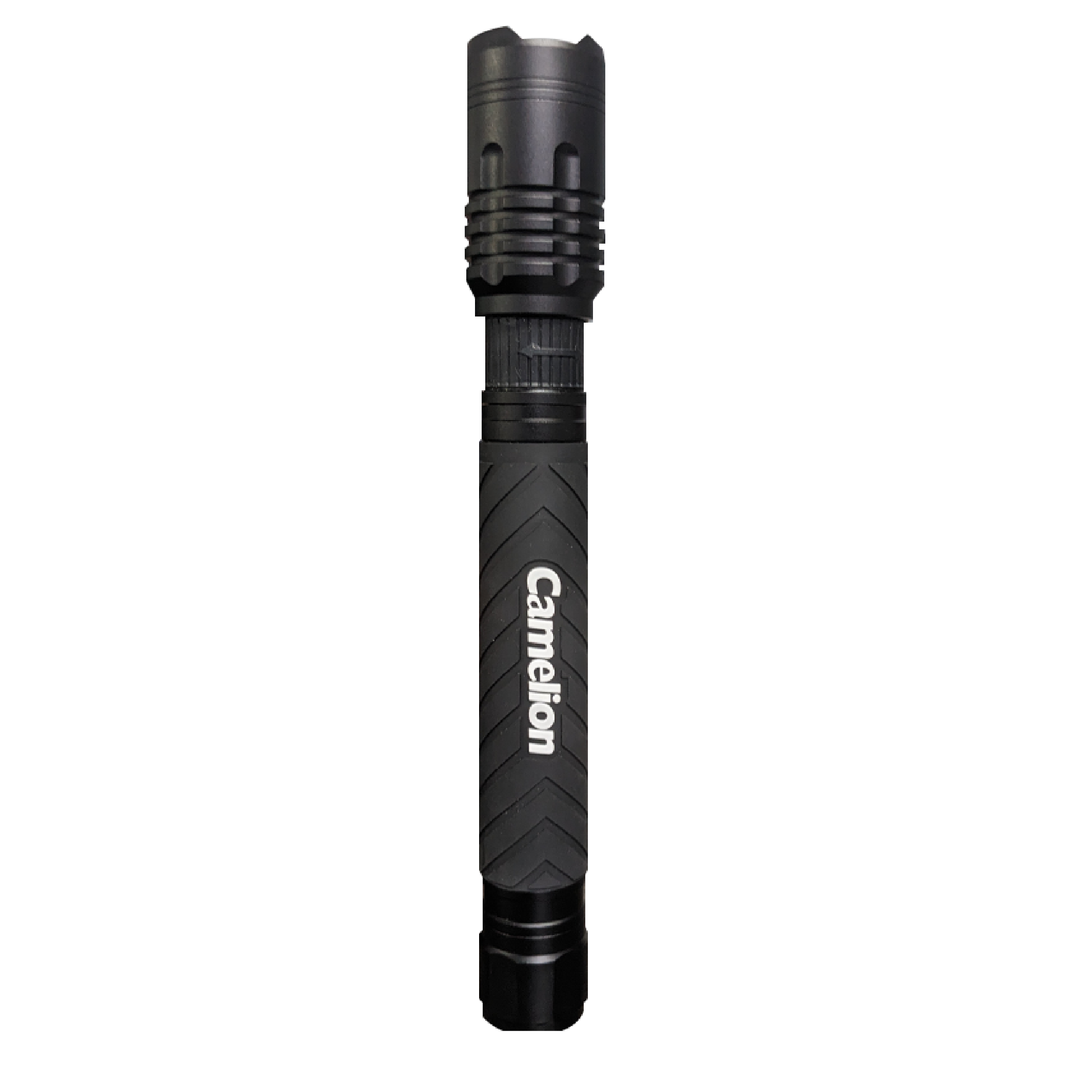 Camelion RT302 76W COB rechargeable flashlight with adjustable beam focus and anti-slip grip, showcasing its durable aluminum body.