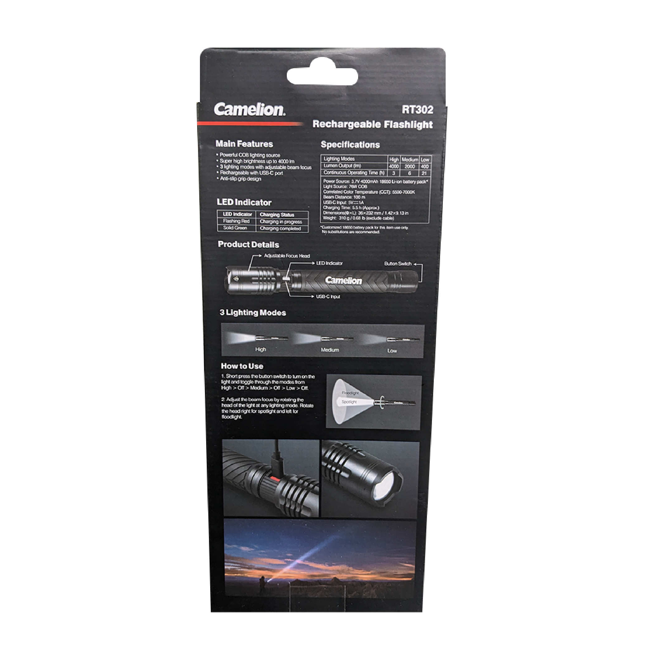 Camelion RT302 76W COB rechargeable flashlight with adjustable beam focus and anti-slip grip, showcasing its durable aluminum body.