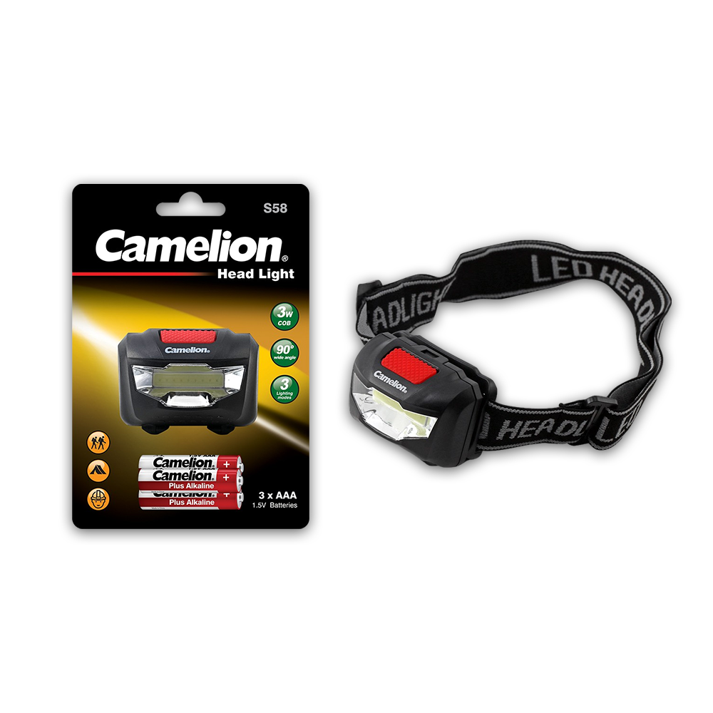 Camelion S58 COB LED Head Light with adjustable angle and three lighting modes, ideal for outdoor activities.