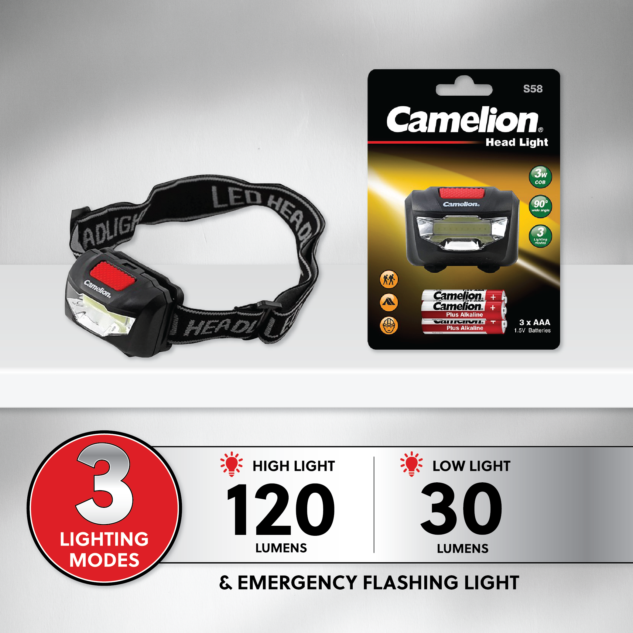 Camelion S58 COB LED Head Light with adjustable angle and three lighting modes, ideal for outdoor activities.