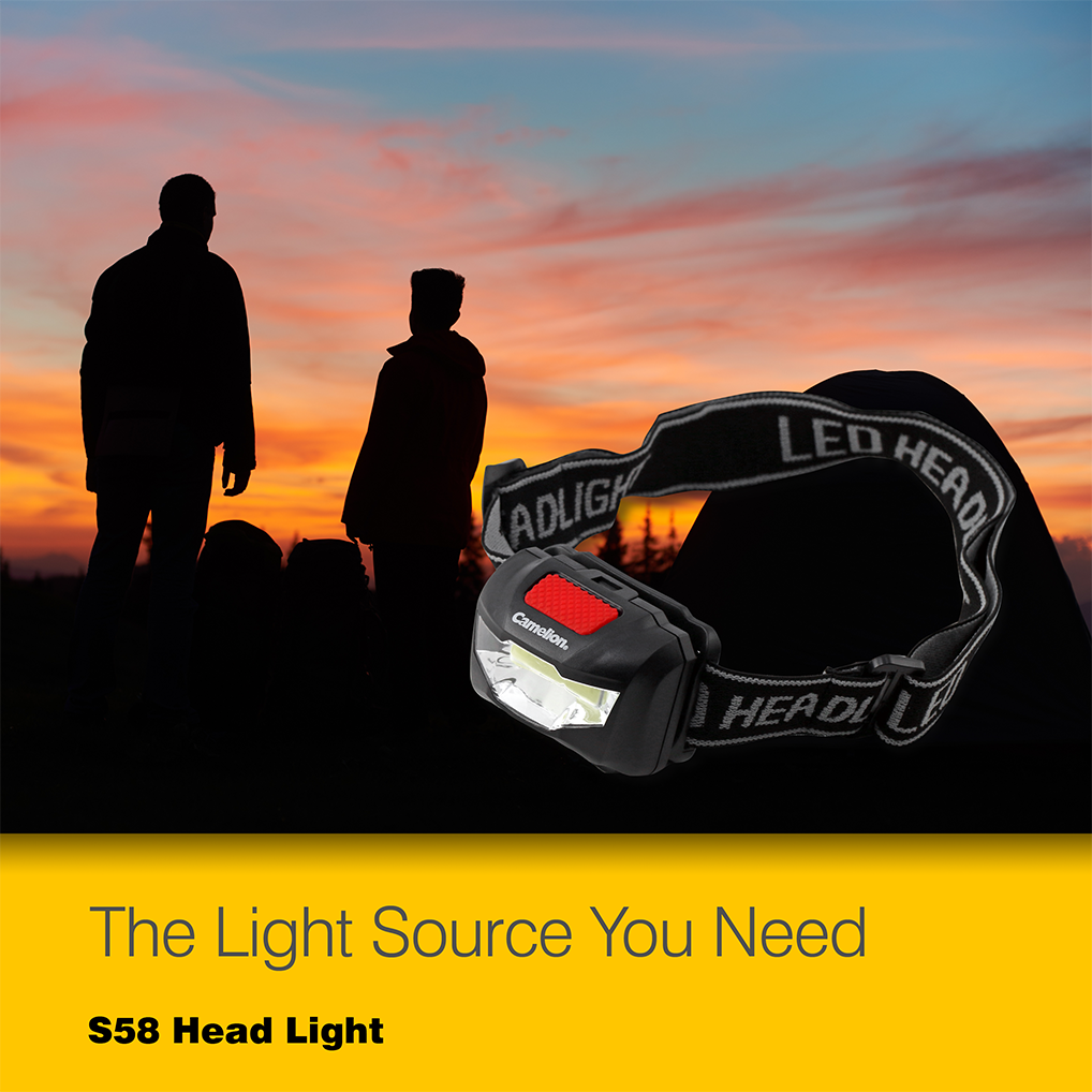 Camelion S58 COB LED Head Light with adjustable angle and three lighting modes, ideal for outdoor activities.