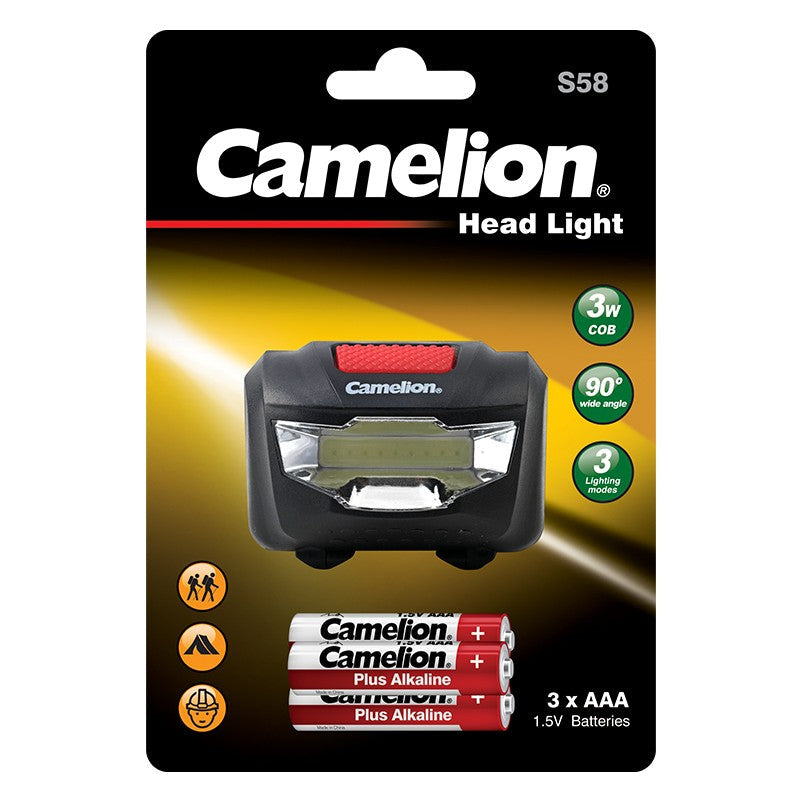 Camelion S58 COB LED Head Light with adjustable angle and three lighting modes, ideal for outdoor activities.