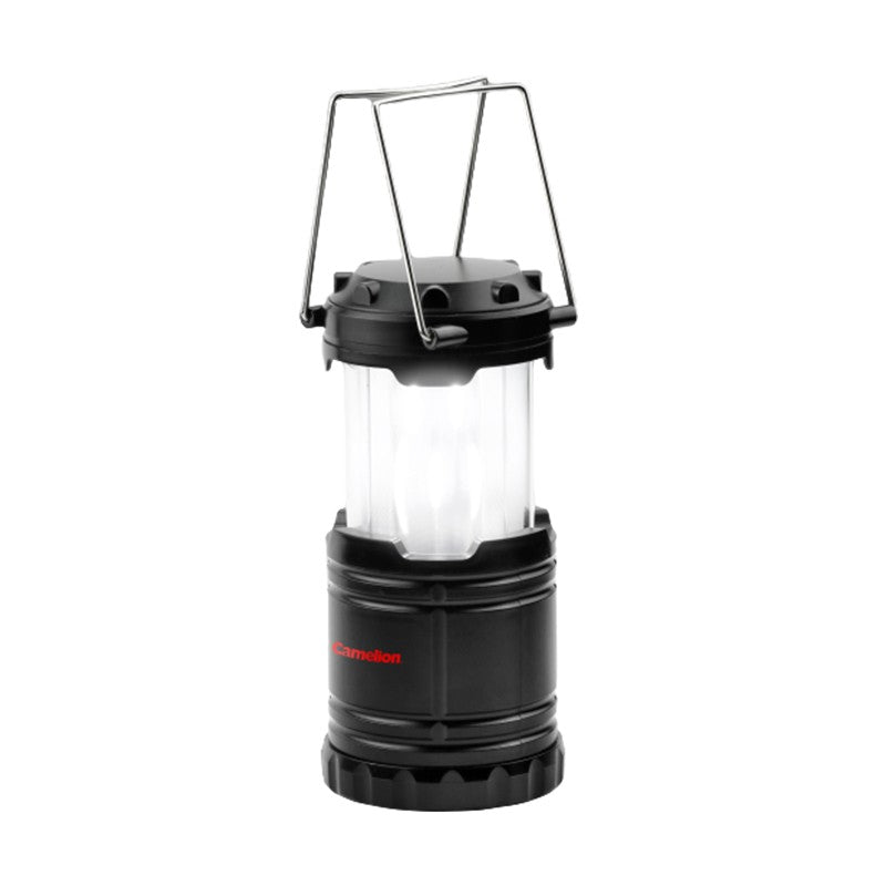 Camelion S86 Dual Lantern with bright white and flame light settings, featuring metal handles for portability and hanging.