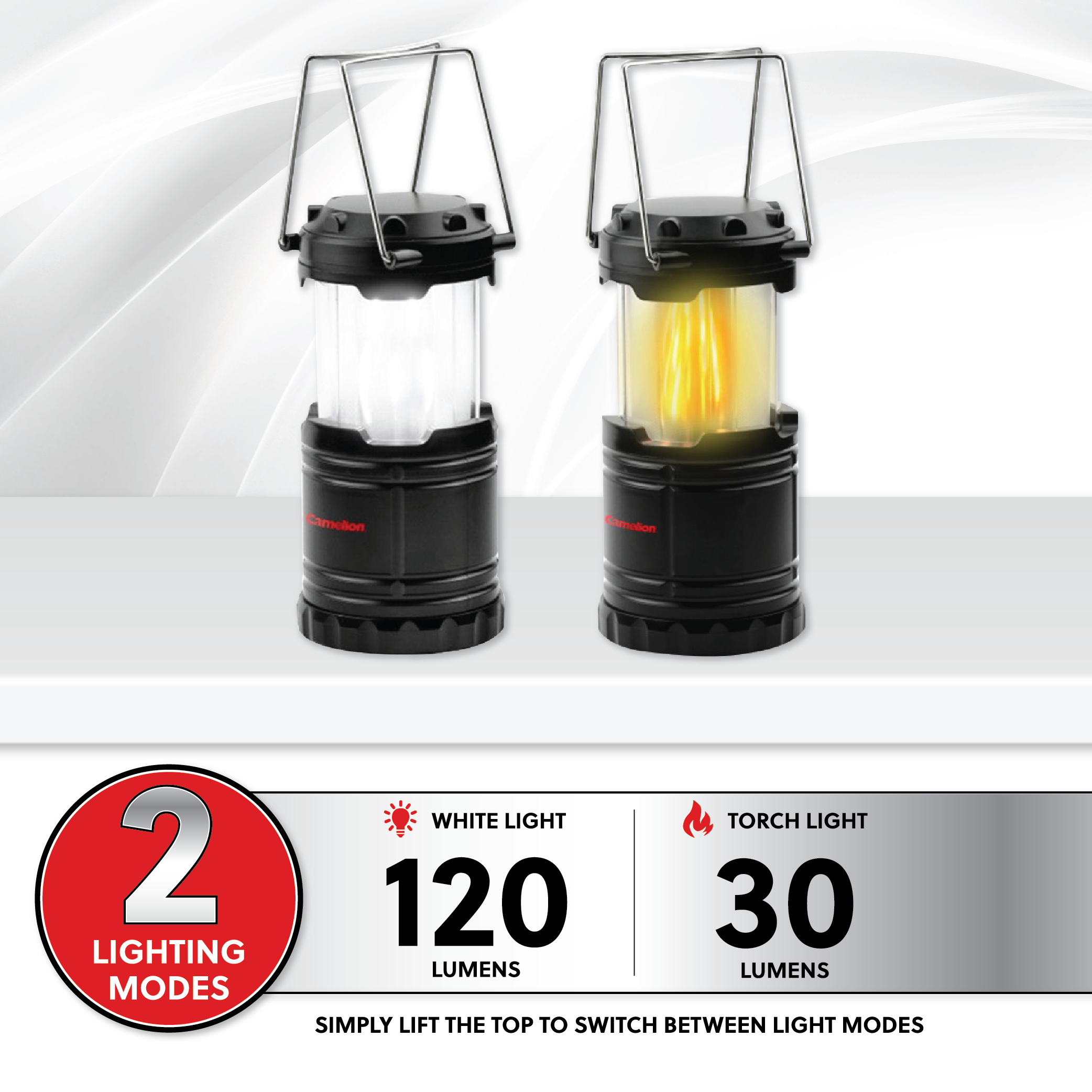 Camelion S86 Dual Lantern showcasing bright white and flame effect light settings, designed for outdoor use.