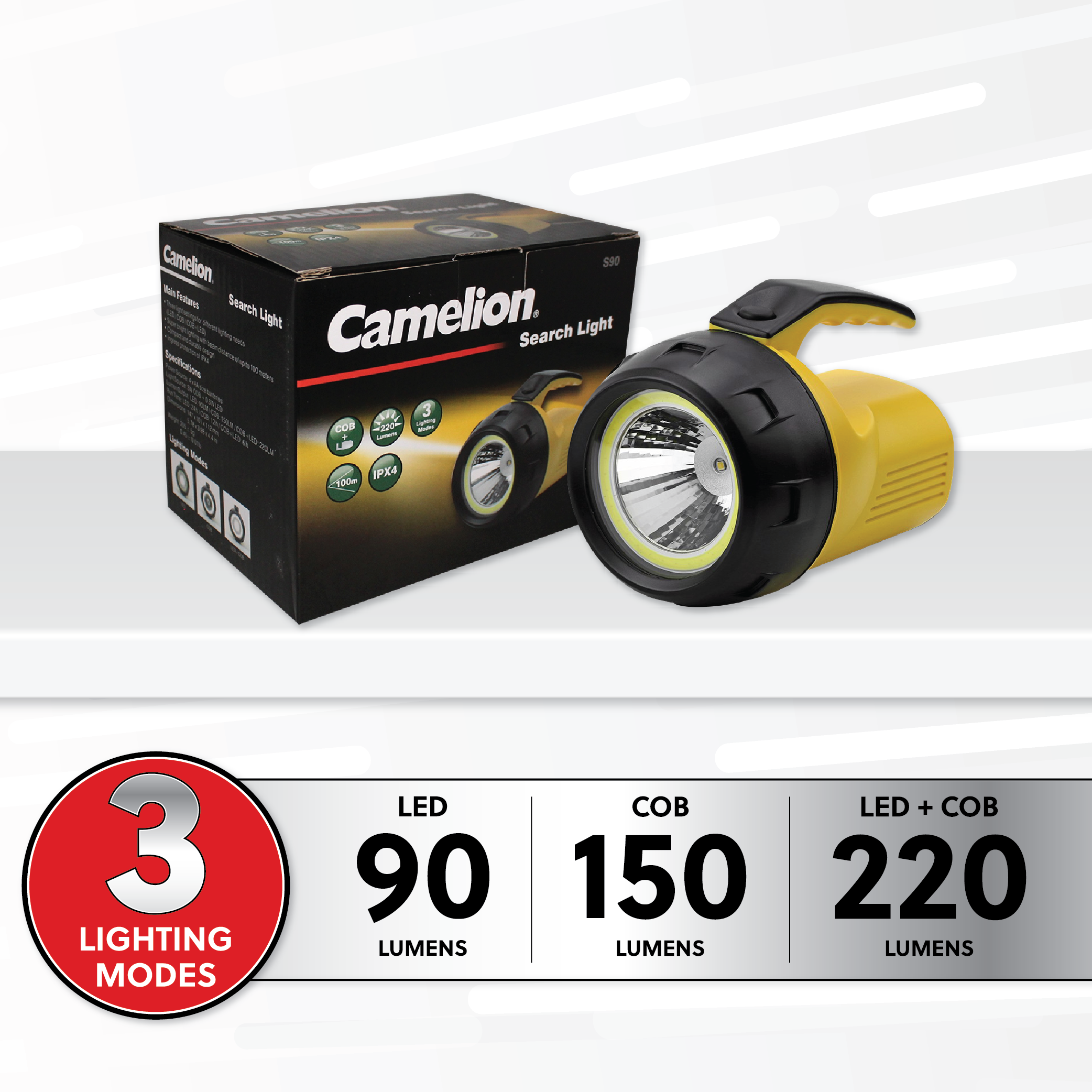 Camelion S90 battery-operated 3W COB LED search light with a compact design, showcasing its two light sources and three lighting modes.