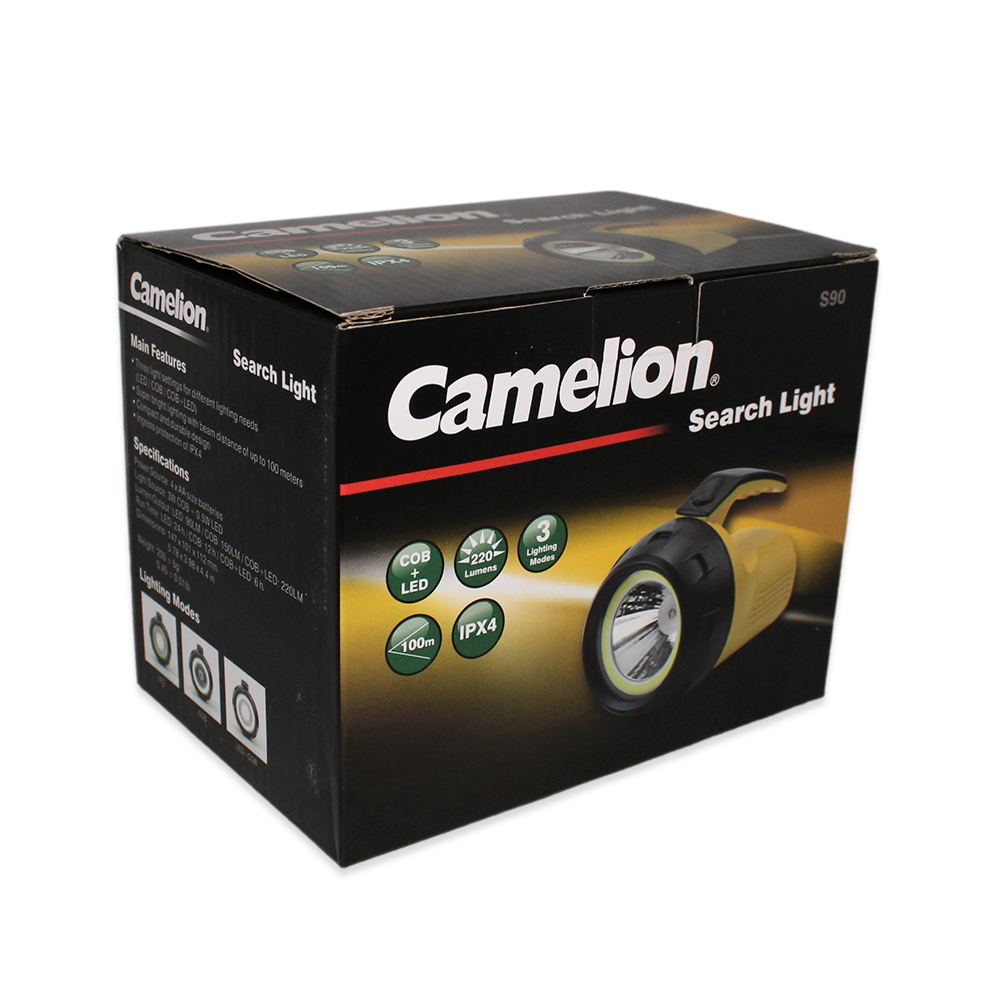 Camelion S90 battery-operated 3W COB LED search light with a compact design, showcasing its two light sources and three lighting modes.