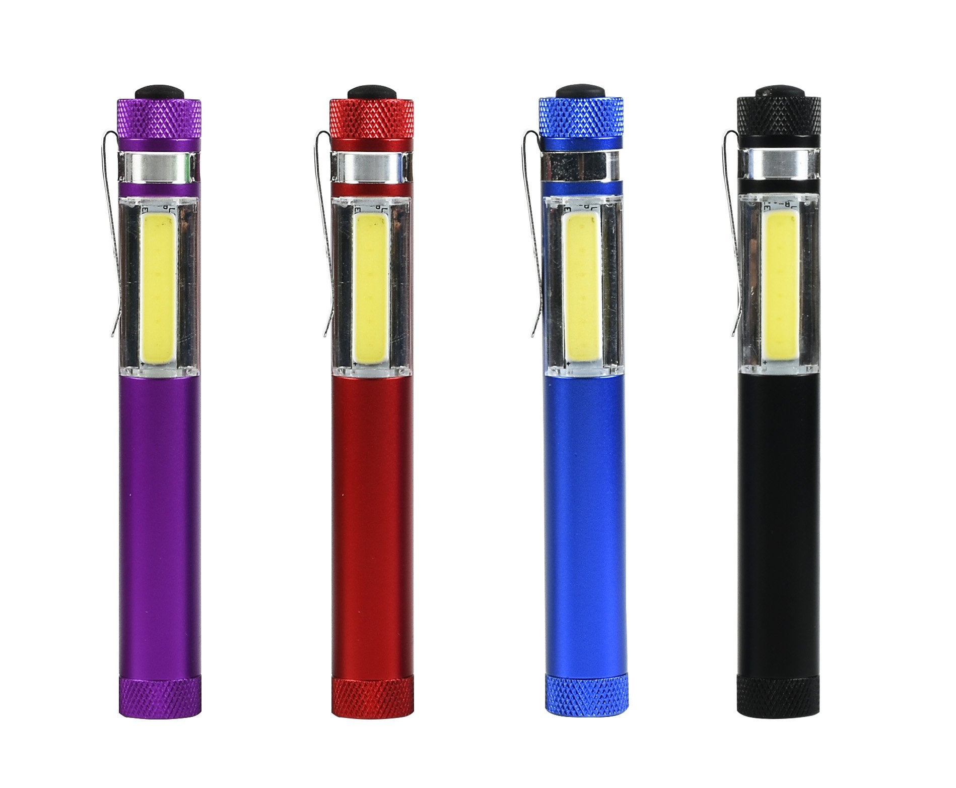 COB LED Pocket Clip Light in various colors with a strong magnetic base and pocket clip, showcasing its compact design and bright LED illumination.
