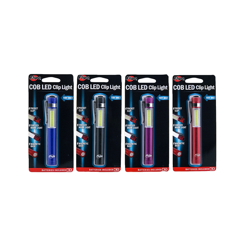 COB LED Pocket Clip Light in various colors with a strong magnetic base and pocket clip, showcasing its compact design and bright LED illumination.