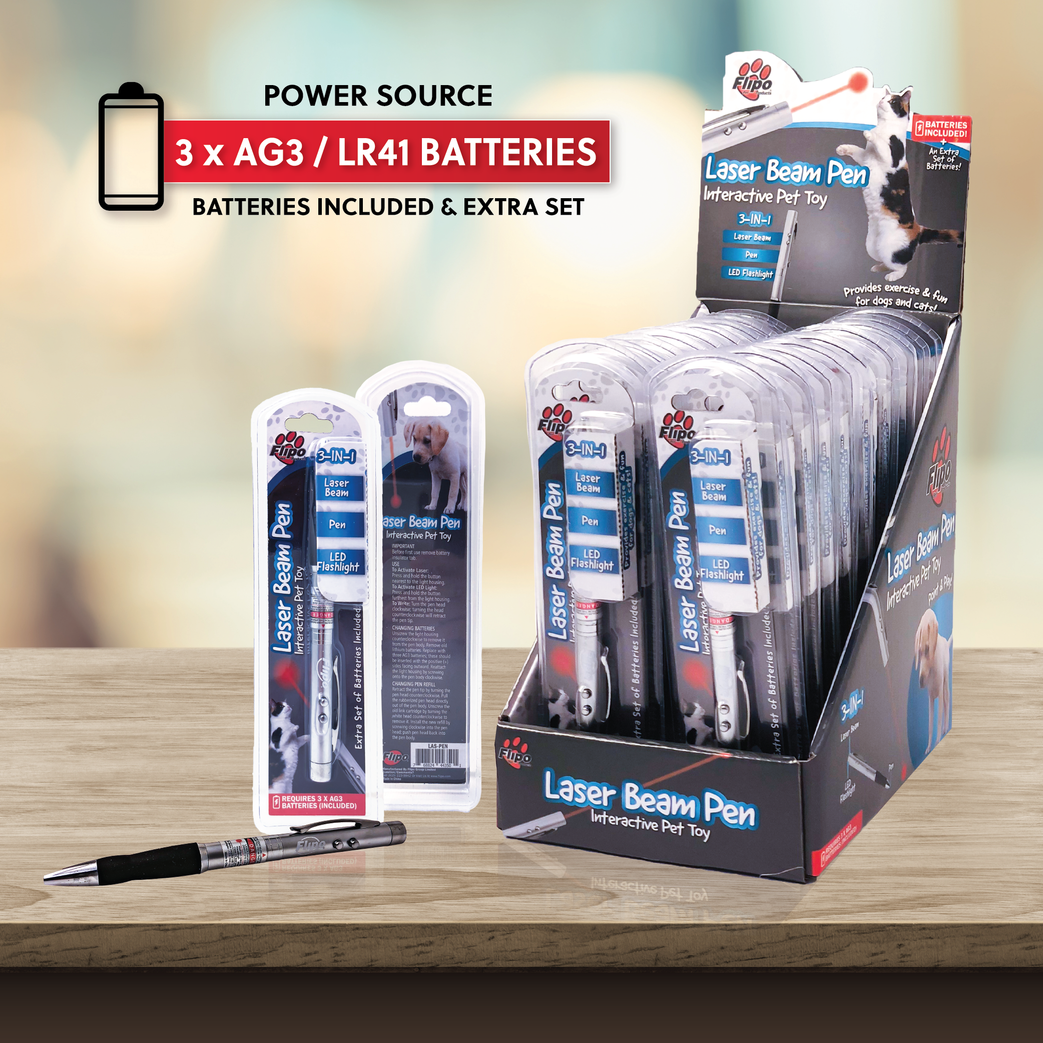 Laser Pet Toy display featuring 18 multifunctional laser pointers, flashlights, and pens for pets.