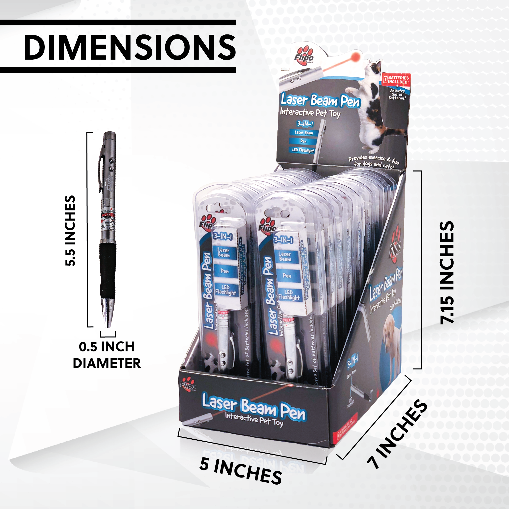 Laser Pet Toy display featuring 18 multifunctional laser pointers, flashlights, and pens for pets.