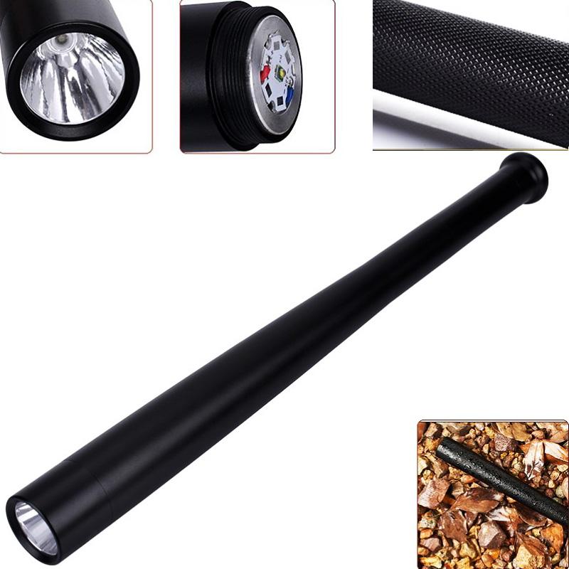 LED Flashlight T6 Rechargeable Multi-function Security Mace, showcasing its sleek aluminum alloy body and bright LED bulb.