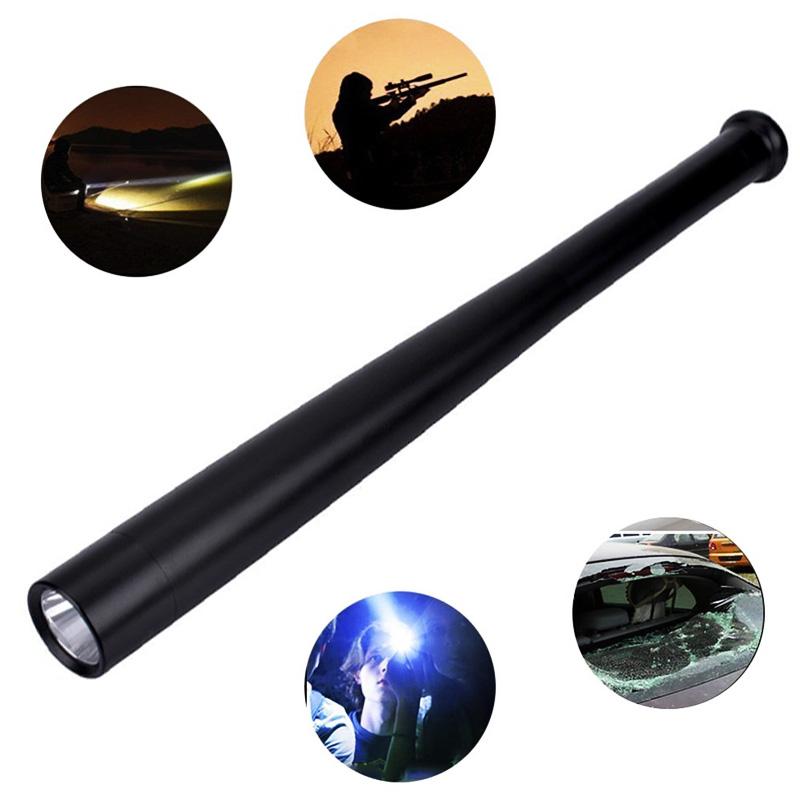 LED Flashlight T6 Rechargeable Multi-function Security Mace, showcasing its sleek aluminum alloy body and bright LED bulb.