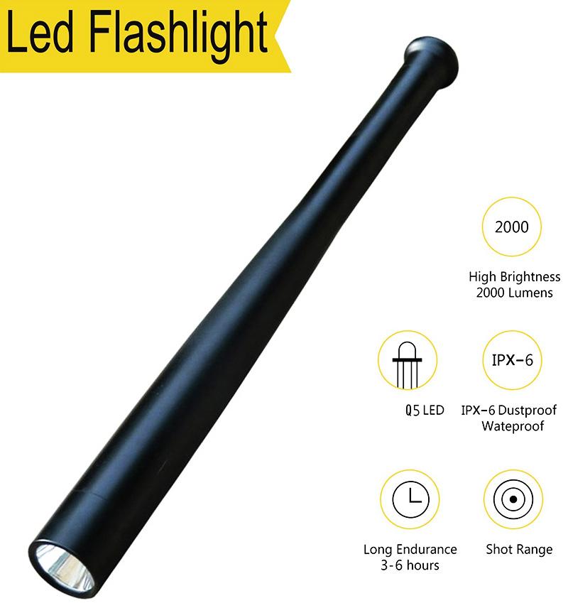 LED Flashlight T6 Rechargeable Multi-function Security Mace, showcasing its sleek aluminum alloy body and bright LED bulb.