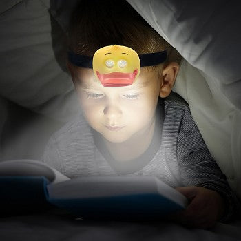 Luminal LED Headlamps featuring monkey, duck, and frog designs with illuminated eyes.