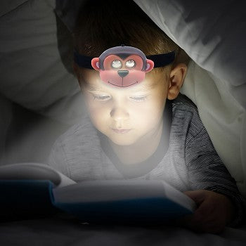 Luminal LED Headlamps featuring monkey, duck, and frog designs with illuminated eyes.