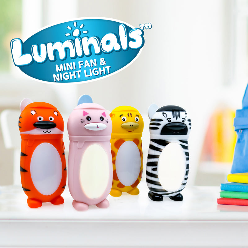 Luminals™ Mini Fan & LED Night Light featuring zebra, tiger, cat, and giraffe designs with warm white LED light and soft foam fan blades.
