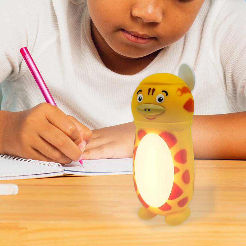 Luminals™ Mini Fan & LED Night Light featuring zebra, tiger, cat, and giraffe designs with warm white LED light and soft foam fan blades.