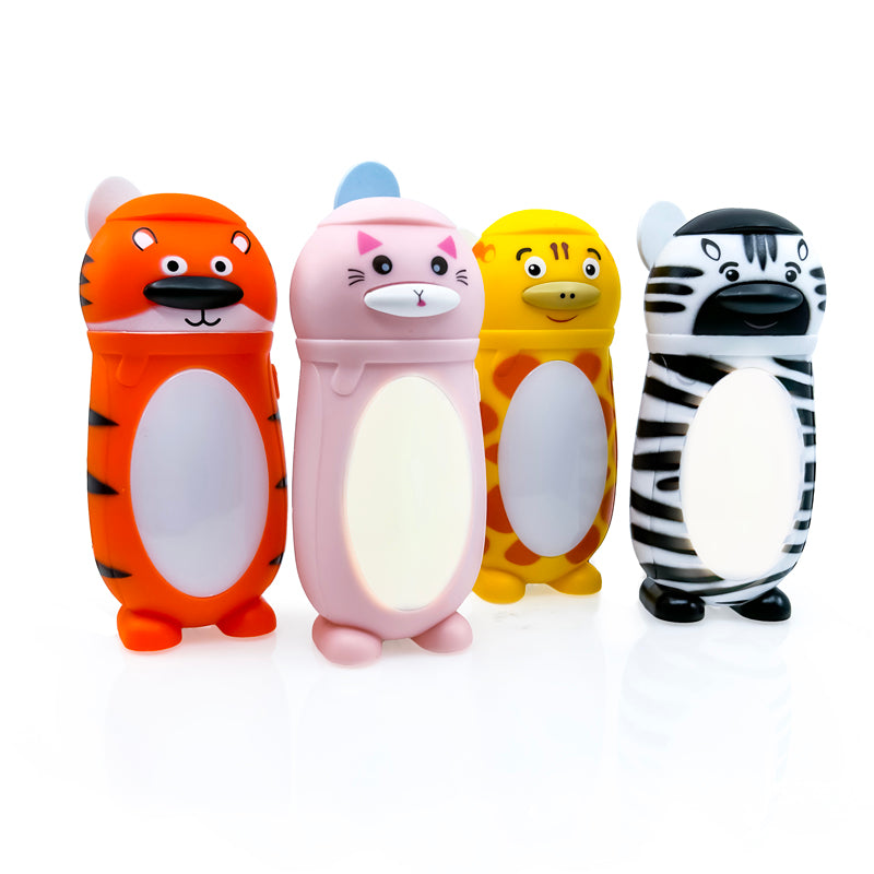 Luminals™ Mini Fan & LED Night Light featuring zebra, tiger, cat, and giraffe designs with warm white LED light and soft foam fan blades.
