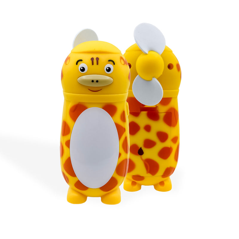 Luminals™ Mini Fan & LED Night Light featuring zebra, tiger, cat, and giraffe designs with warm white LED light and soft foam fan blades.