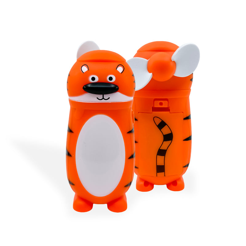 Luminals™ Mini Fan & LED Night Light featuring zebra, tiger, cat, and giraffe designs with warm white LED light and soft foam fan blades.