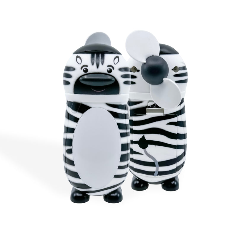 Luminals™ Mini Fan & LED Night Light featuring zebra, tiger, cat, and giraffe designs with warm white LED light and soft foam fan blades.
