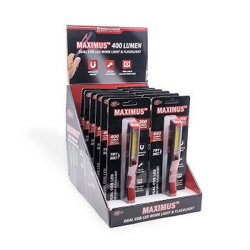 Maximus Dual COB LED Pocket Clip Work Light in black, blue, orange, and green colors, showcasing its compact design and features.