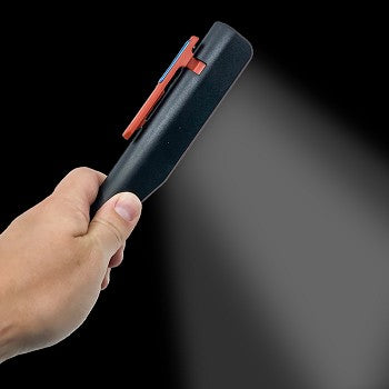 Maximus Dual COB LED Pocket Clip Work Light in black, blue, orange, and green colors, showcasing its compact design and features.