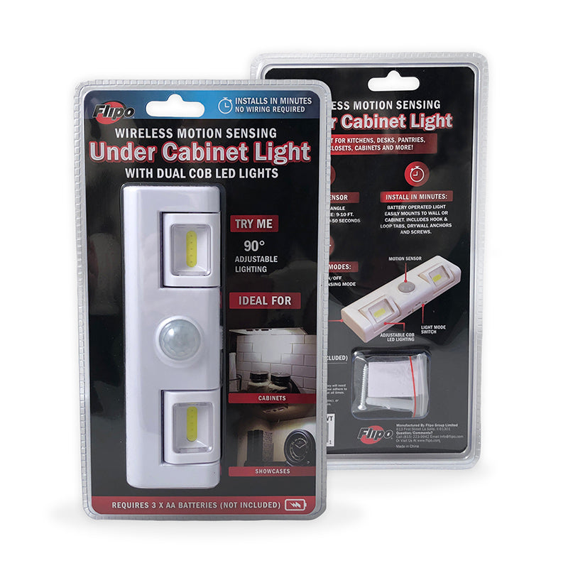 Motion Sensor Under Cabinet Light with Dual COB LED Lights, showcasing sleek design and adjustable features.
