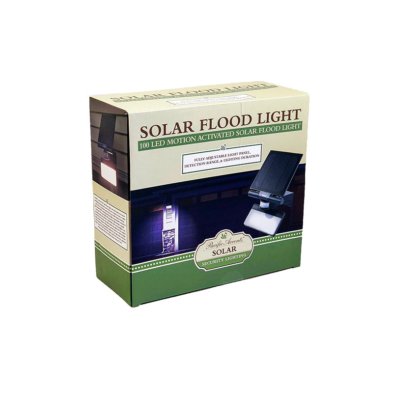 Pacific Accents 100 LED Solar Flood Light with adjustable solar panel and motion sensor, designed for outdoor use.