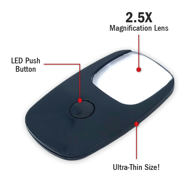 Pocket Zoom Mini Magnifier with LED Light in Black, Blue, and Red colors, showcasing its compact design and ergonomic features.