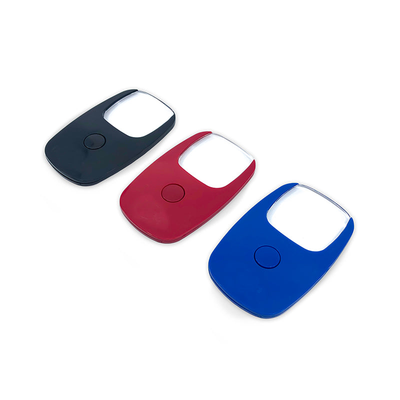 Pocket Zoom Mini Magnifier with LED Light in Black, Blue, and Red colors, showcasing its compact design and ergonomic features.