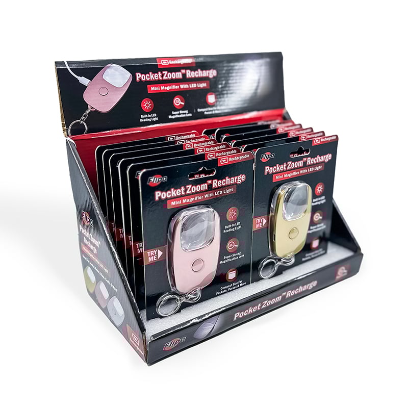 Pocket Zoom™ Recharge mini magnifier with LED light in gold, silver, and rose gold colors, showcasing its compact design and keyring attachment.